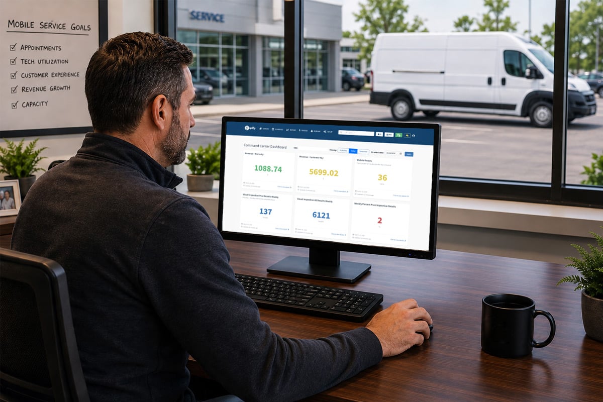 Service Advisor working at their desk in a dealership for the mobile service operations