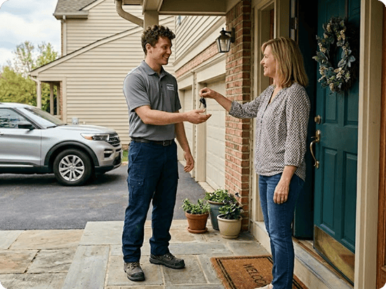 Technician picking up a customers car at their house.
