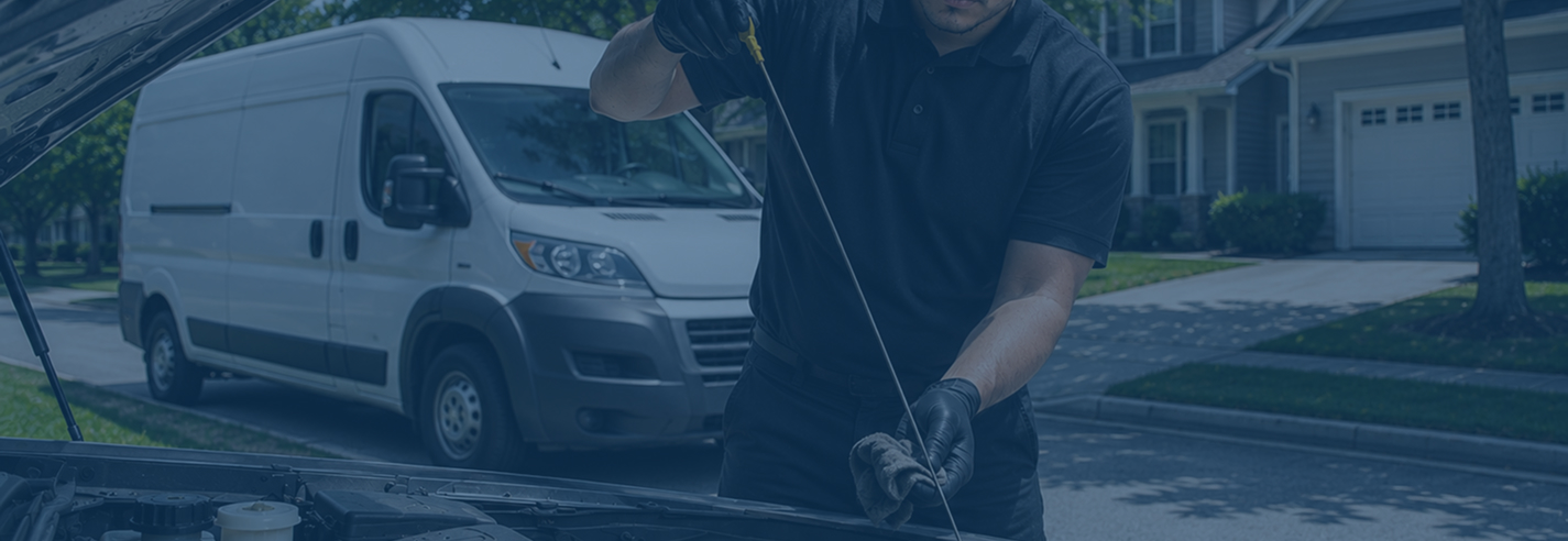 Spiffy technician checking the oil under the hood of a fleet van.