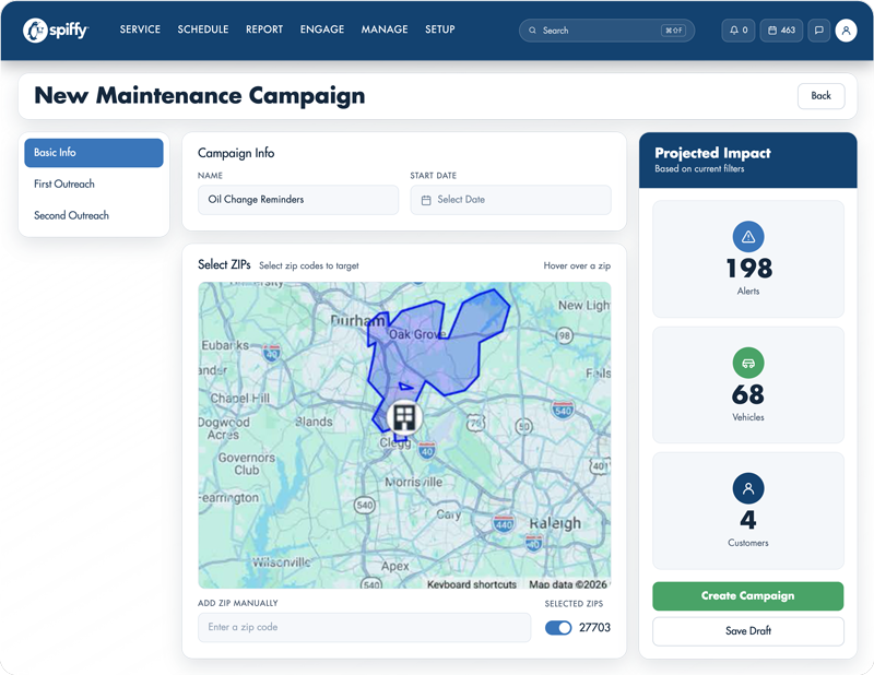 Maintenance Capture dashboard showing declined service campaign and customer engagement