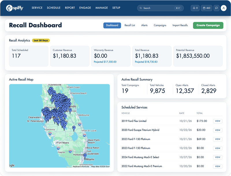 Recall Capture campaign coverage map showing open recalls by zip code and customer engagement